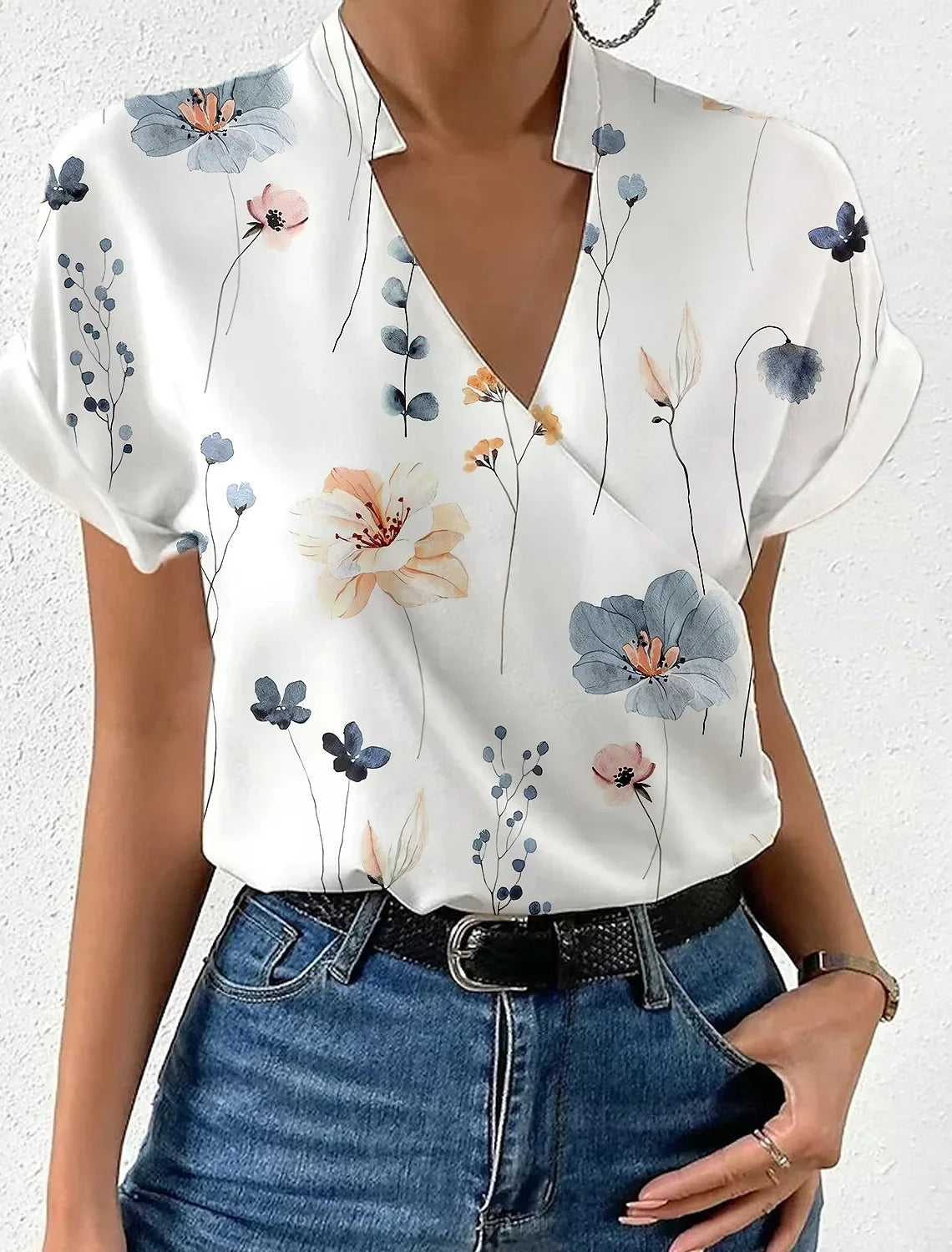 Shirts For Women 2023 Summer Loose V-neck Stand Collar Print Tops And Blouses Blusas Elegantes Finas Para Mujer Casual T Shirt