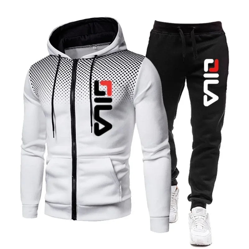 Mens Tracksuits+Sweatpants Two Pieces Suits 2025 Winter Print Zipper Hooded Sweatshirt Casual Fitness Jogging Sports Pants Sets