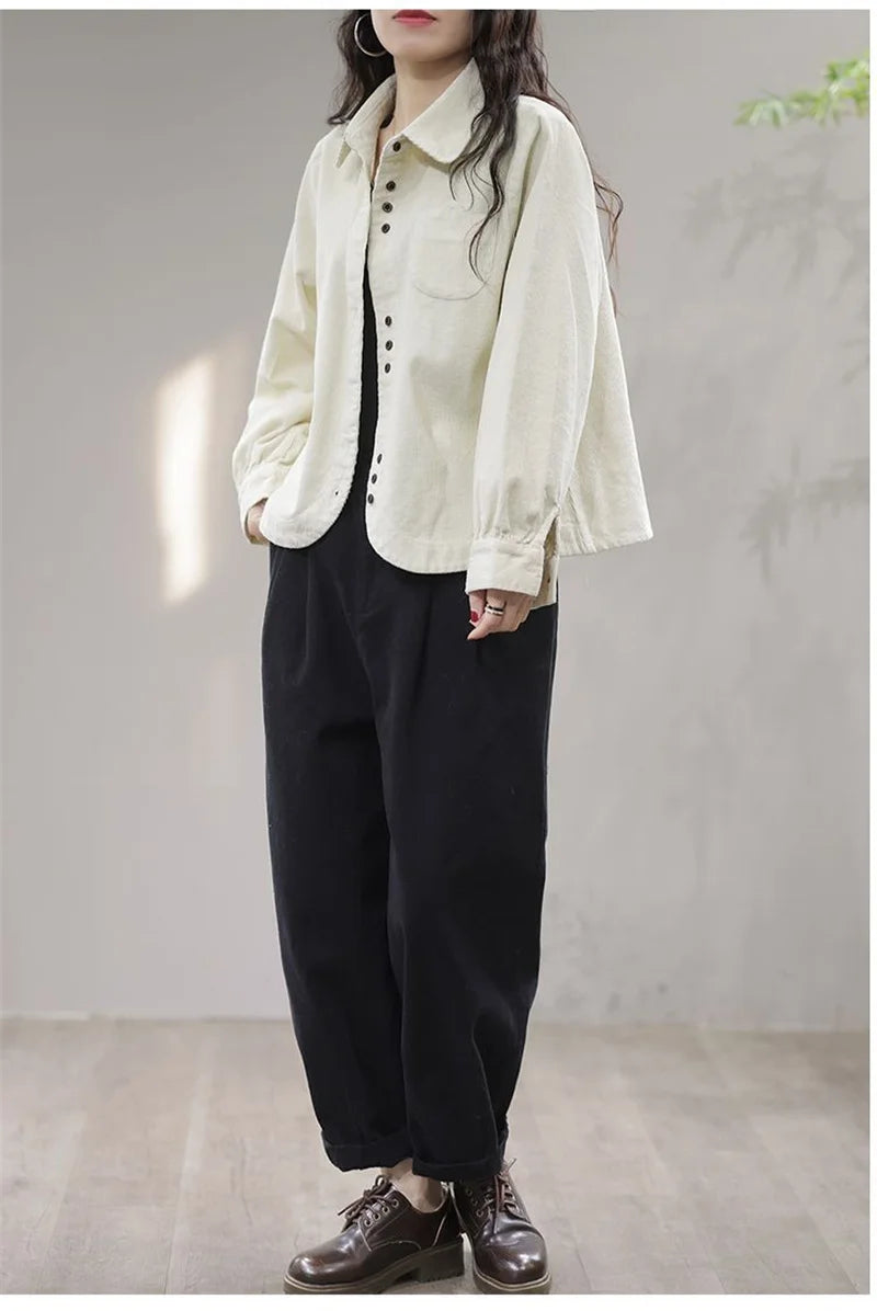 Casual White Corduroy Button Jacket