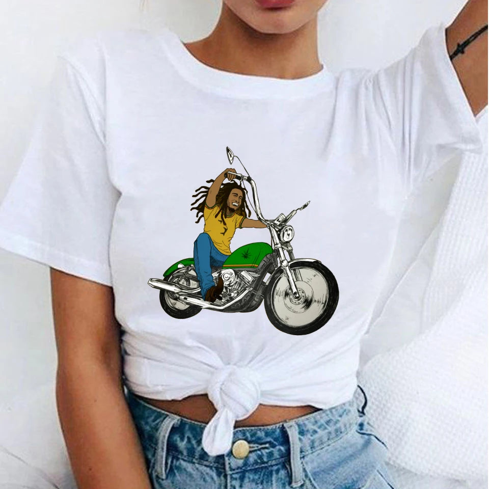 Women's Fashion T-Shirts Bob Marley Printed Casual Round Neck Graphic Tee Cute Short Sleeve T-shirts Summer Tops Harajuku Shirt
