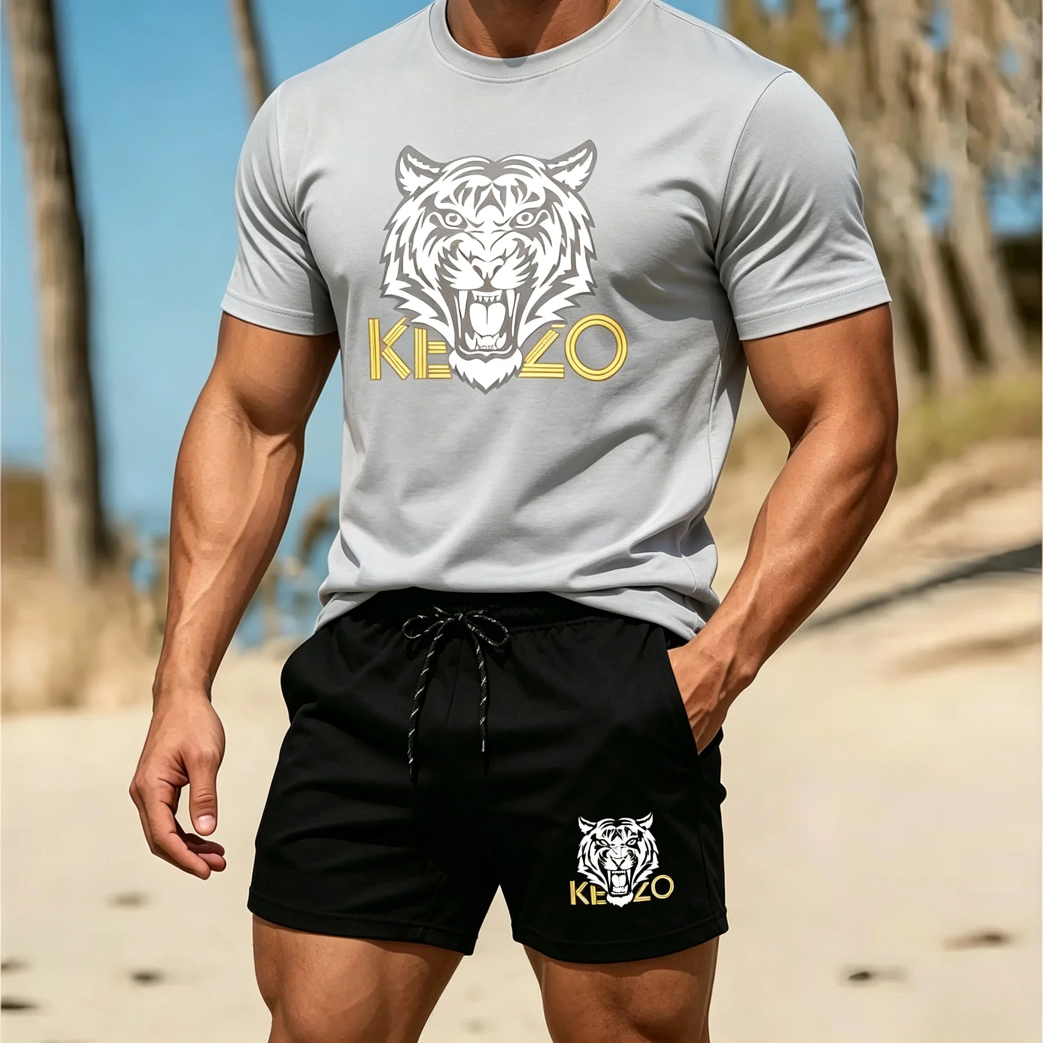Men Summer Tiger Stripe 2 Piece Tracksuit Breathable Quick Dry Short Sleeve T Shirt Shorts Set Gym Running Sportswear