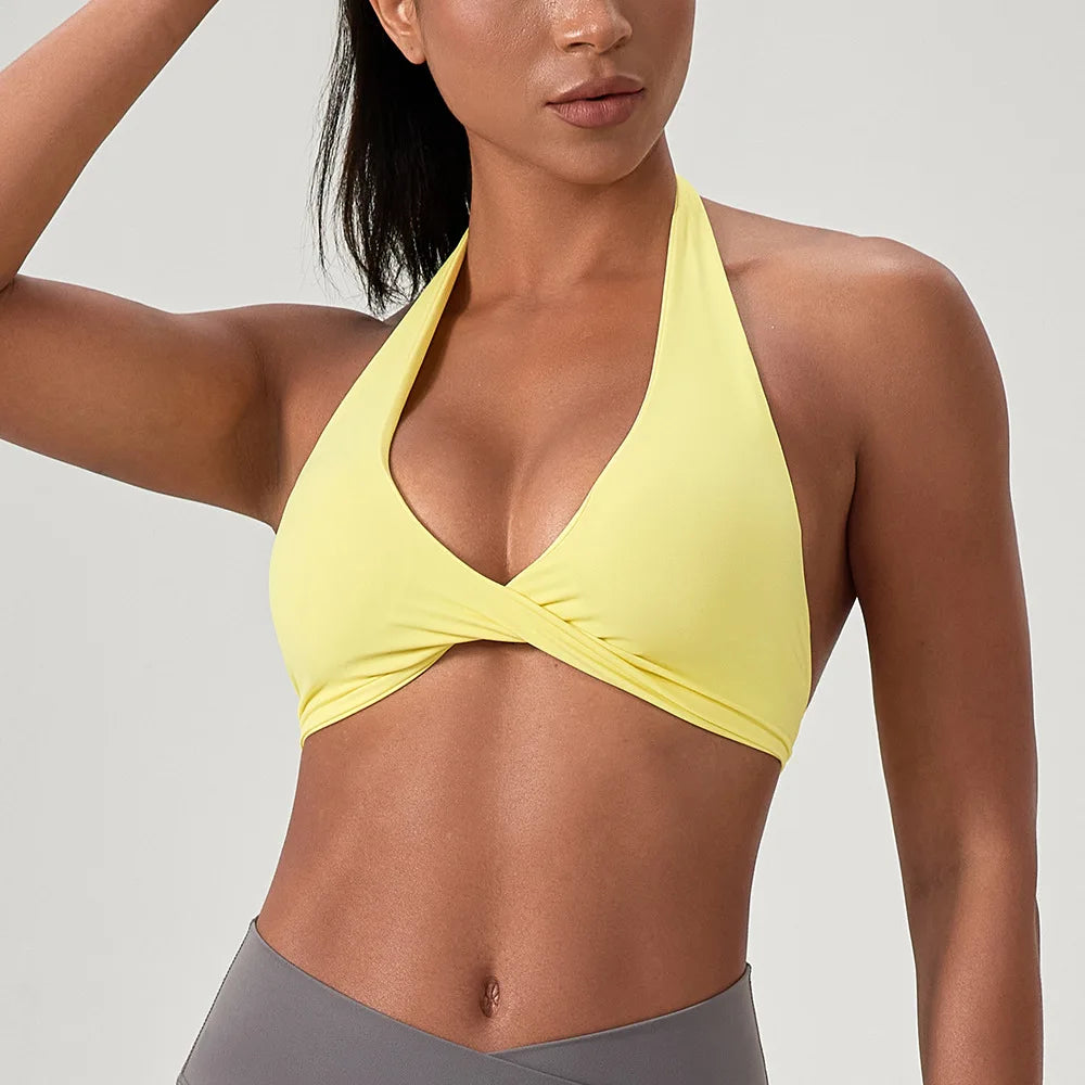 Strappy Bra for Women Open Back Halter Sports Bra Light Support Gym Crop Top Seamless Workout Yoga Top Bra Padded Bras