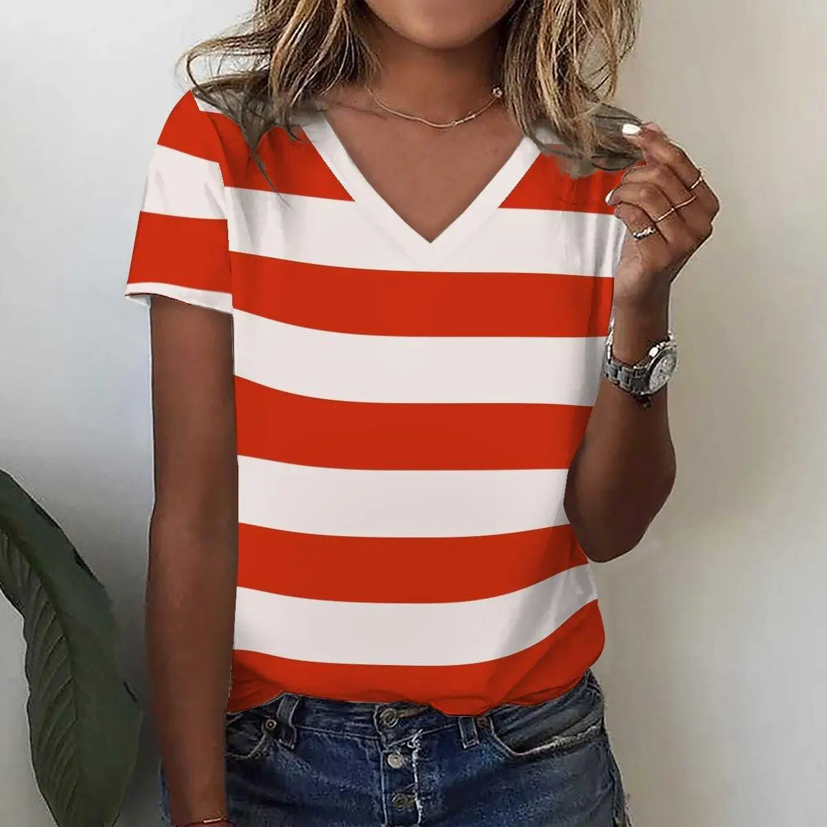 New Women's T-Shirts Funny Stripe Print Top Fashion Simple Pattern T Shirts for Women Summer Leisure Female Clothing Streetwear