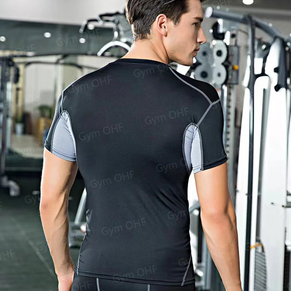 Gym Fitness T Shirt Men's Short Sleeve Summer Boxing Jersey Legging Men Rashguard Compression Pants Quick Dry Tight T-Shirts Men