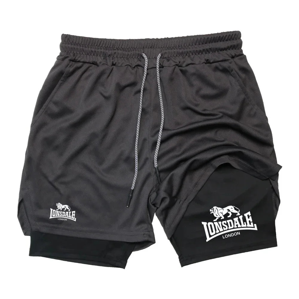 Print 2in1 Running Shorts for Men Gym Workout Compression Shorts with Phone Pocket Towel Loop Summer Sport Athletic Activewear