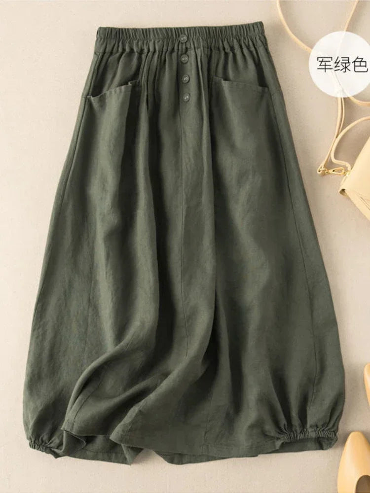 Women's Skirt Cotton Linen Casual Straight Skirts Woman Fashion 2026 Summer Loose Solid Color Button Long Skirts for Women