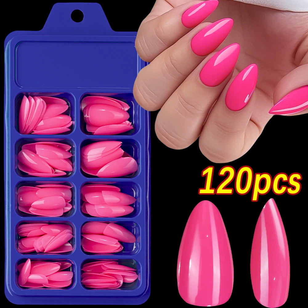 120pcs/Box Bright Gloss Pink False Nails Medium Almond Simple Solid Color Press On Nails Soft Gel Full Cover Wearable False Nail