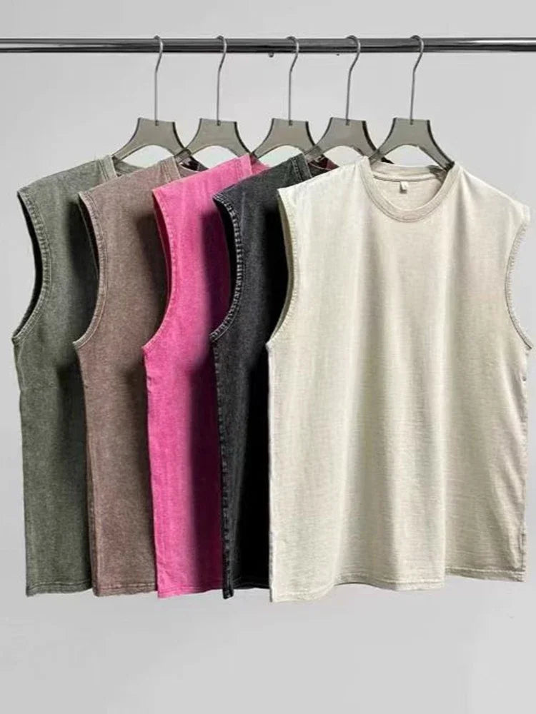 2025 Summer New Men's Washed Cotton Tank Tops Muscle Gym Sleeveless Workout T Shirts Running Beach Loose Cutoff Tees
