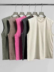 2025 Summer New Men's Washed Cotton Tank Tops Muscle Gym Sleeveless Workout T Shirts Running Beach Loose Cutoff Tees