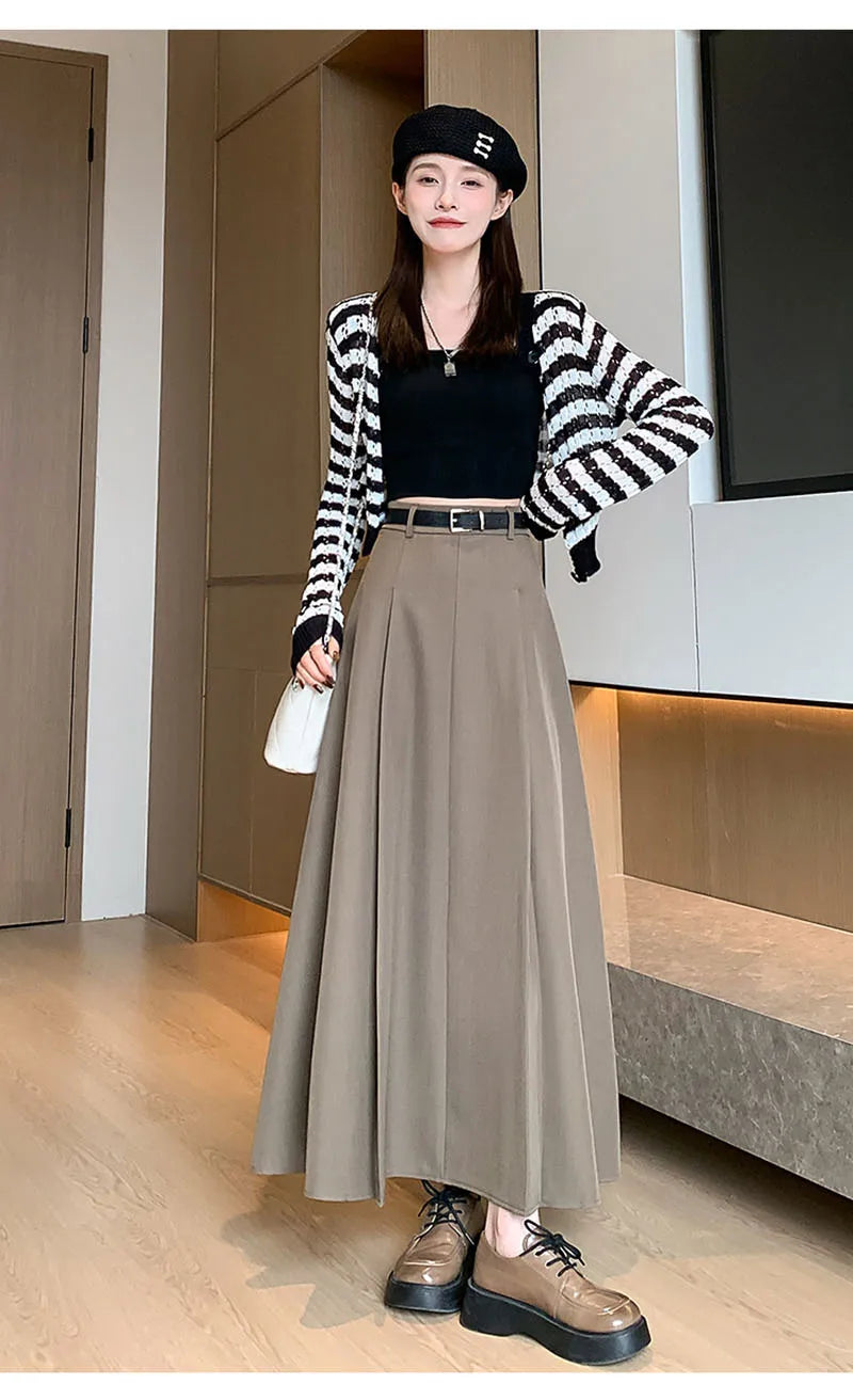 Elegant Skirts for Women Korean Style Long Skirt Female Black Pleated Midi Skirt Women's Clothing Office Lady Skirts Outfits New
