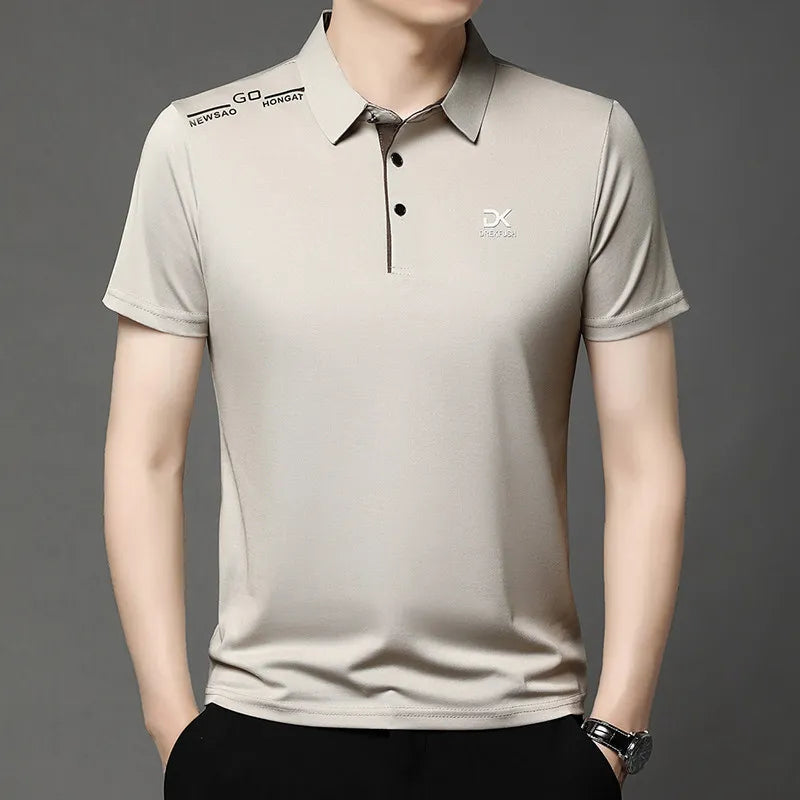 Men's Business Casual Short Sleeve Polo Shirt Solid Color with Badge Fashionable Breathable Comfortable Versatile Business Top