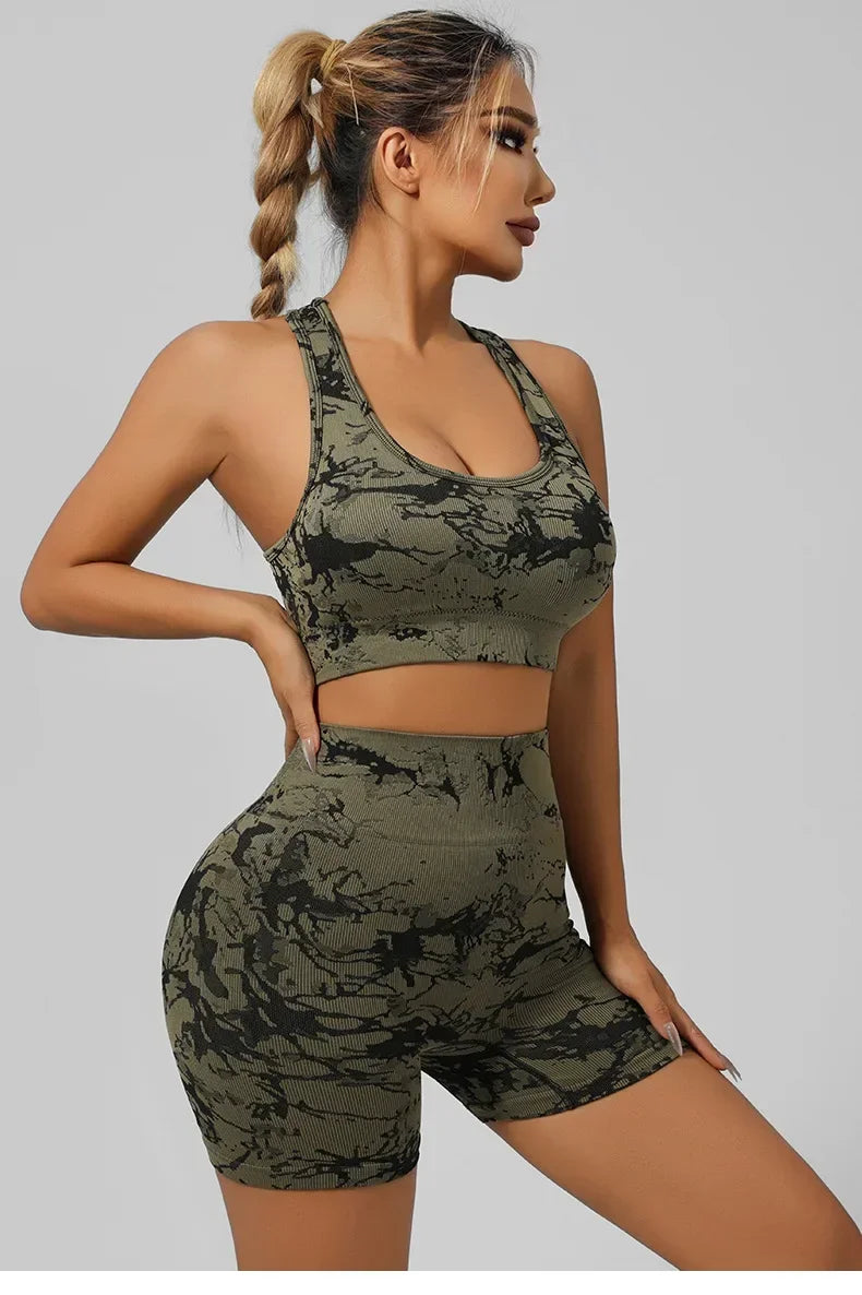 Women Seamless Tie Dye Yoga Set Quick Dry Sports Bra Shorts Lightweight Breathable Workout Outfit