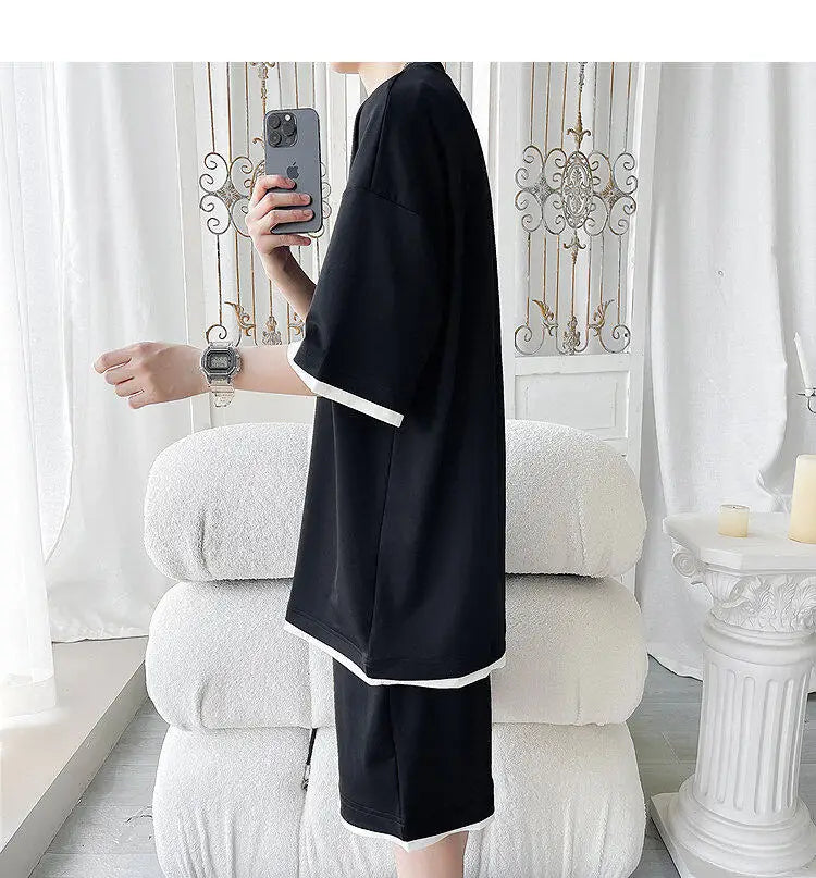 Men's Trendy 2-Piece Streetwear Co-ord Solid Color Short Sleeve T-Shirt And Drawstring Elastic Waist Shorts Set 5XL