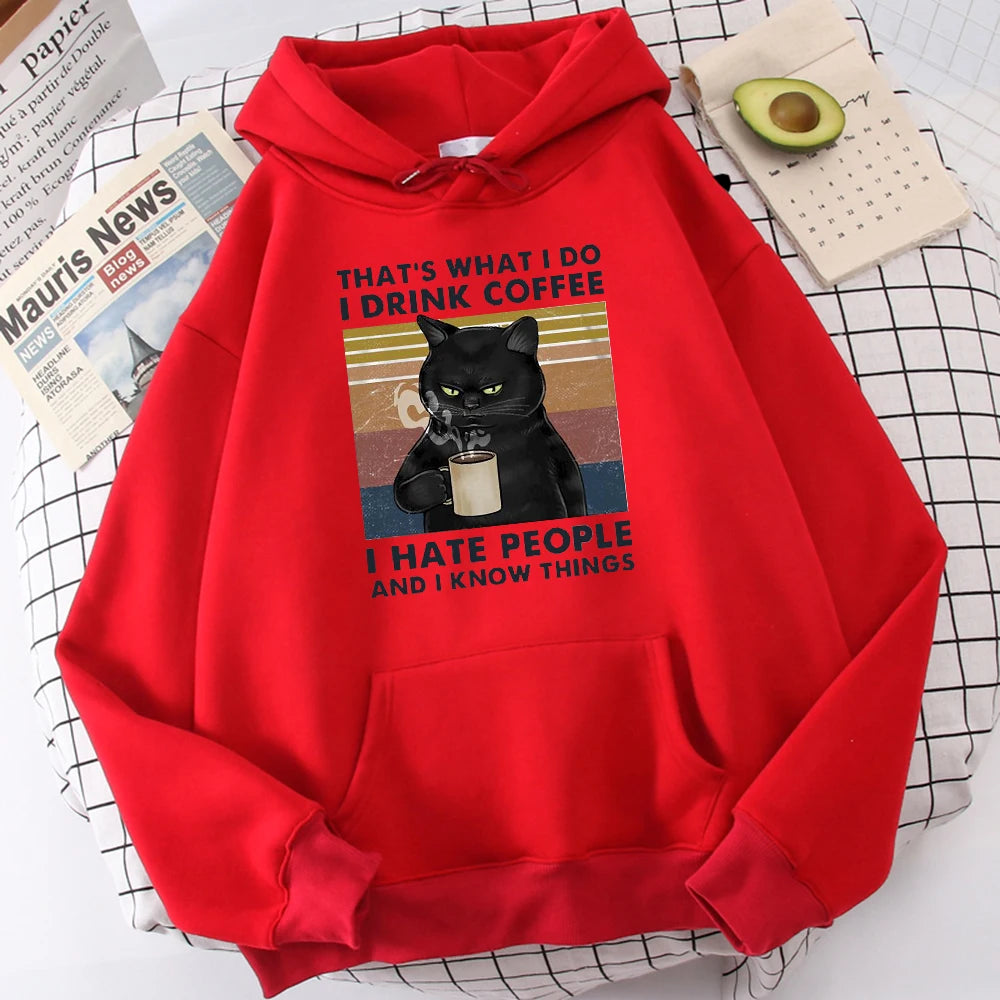 Men's fashion hoodie, high-quality cat drinking coffee print hoodie, fashionable casual hoodie, Harajuku hoodie