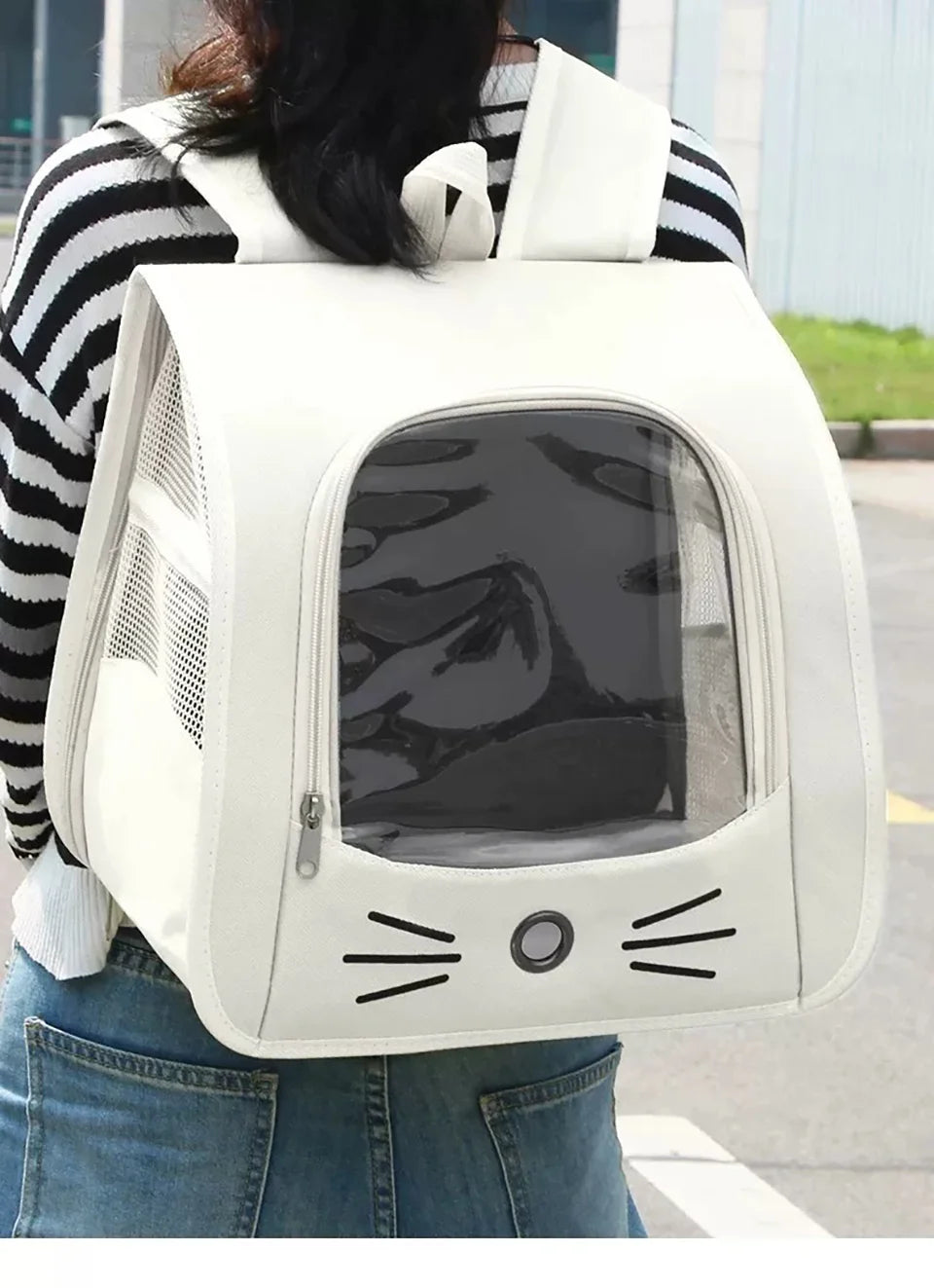 Breathable Oxford Pet Cat Carrier Backpack for Small Dogs, Portable Transparent Travel Outdoor Bag with Side Mesh Pockets, Airy