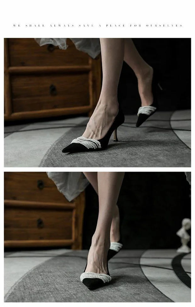 Women High Heels Sexy Beading Shoes Female 2024 New Red Velvet Pumps Pointed Toe RetroThin Heel Party Wedding Shoes Wholesale