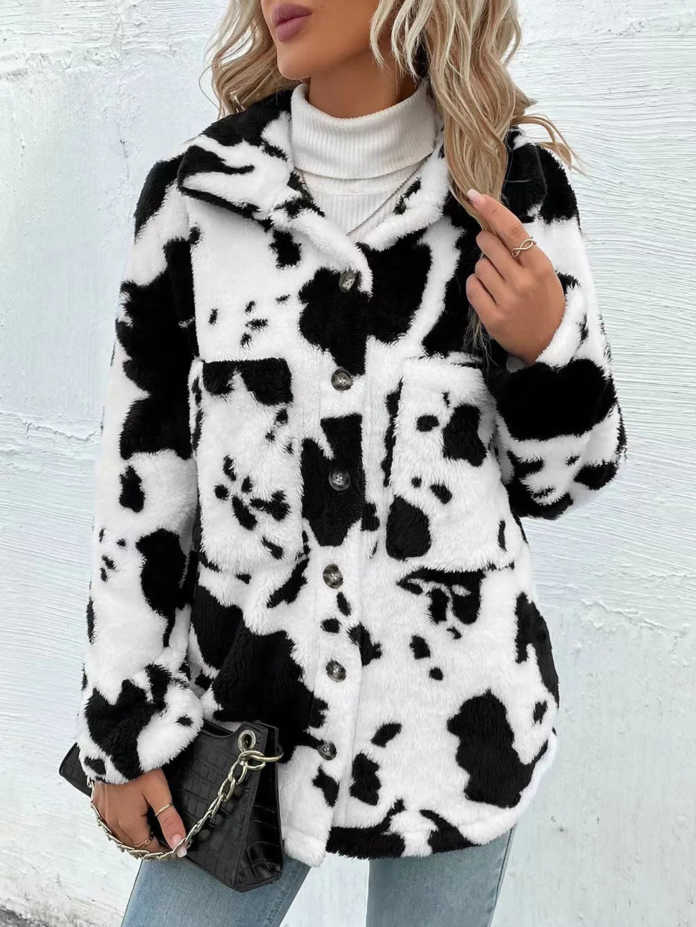 Women's Cow Print Double-sided Cashmere Coat Autumn Winter Loose Coats With Pockets Single Breasted Lapel Collar Plush Jacket