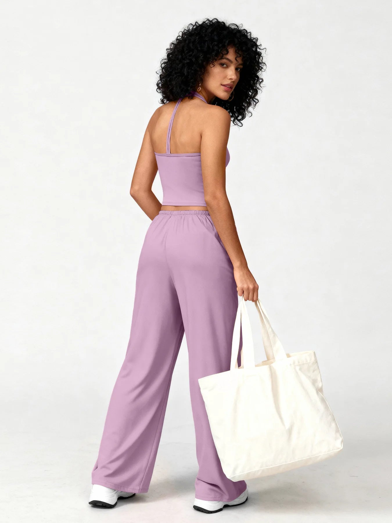 Women 2 Piece Yoga Outfit Ribbed Halter Crop Tank Top Drawstring Wide Leg Pants Set Casual Workout Gym Loungewear Tracksuit