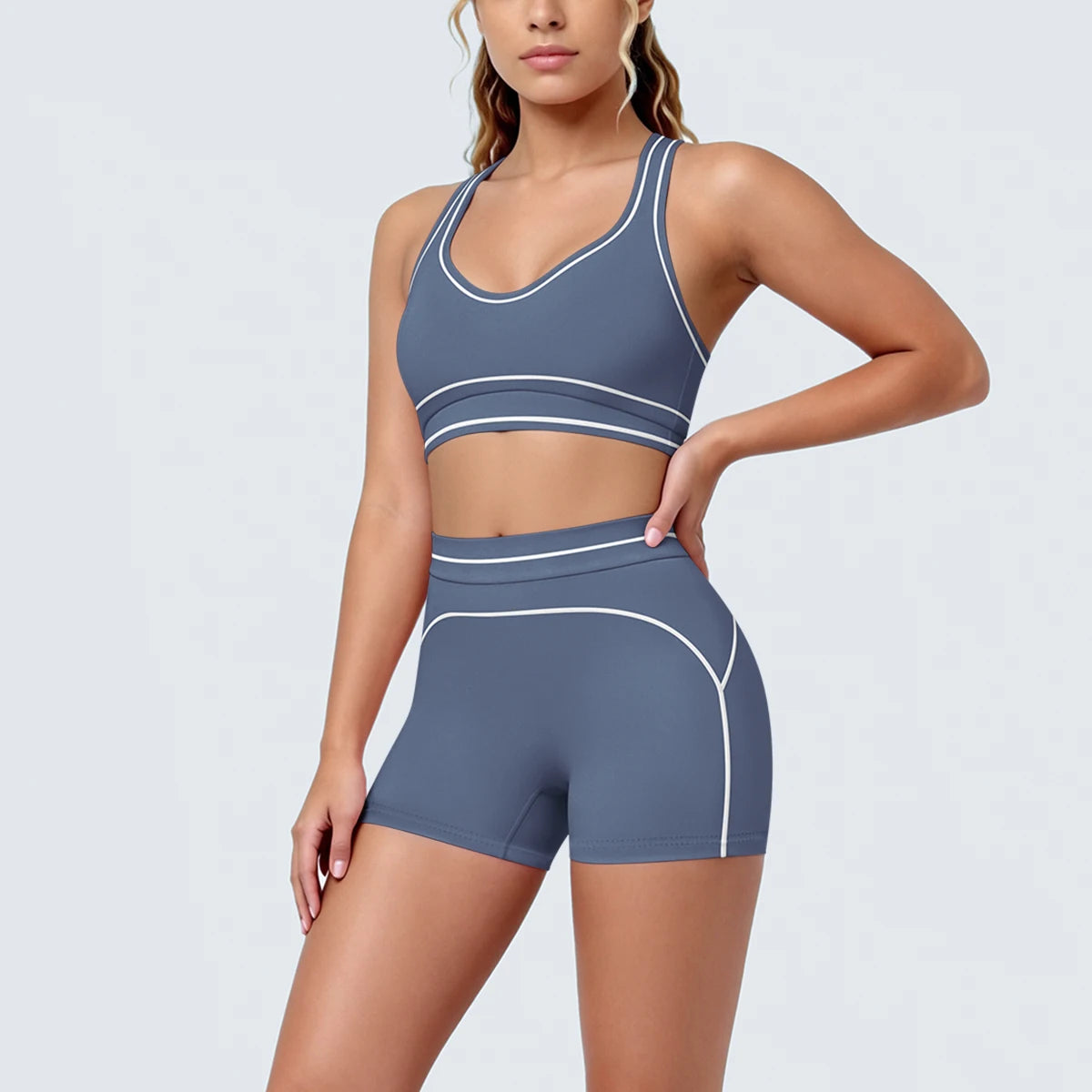 New Woman Yoga Set Color Blocking Sexy Sport Bra Yoga Underwear with Chest Pad High Waist Stripe Running Fitness Shorts Yoga Set