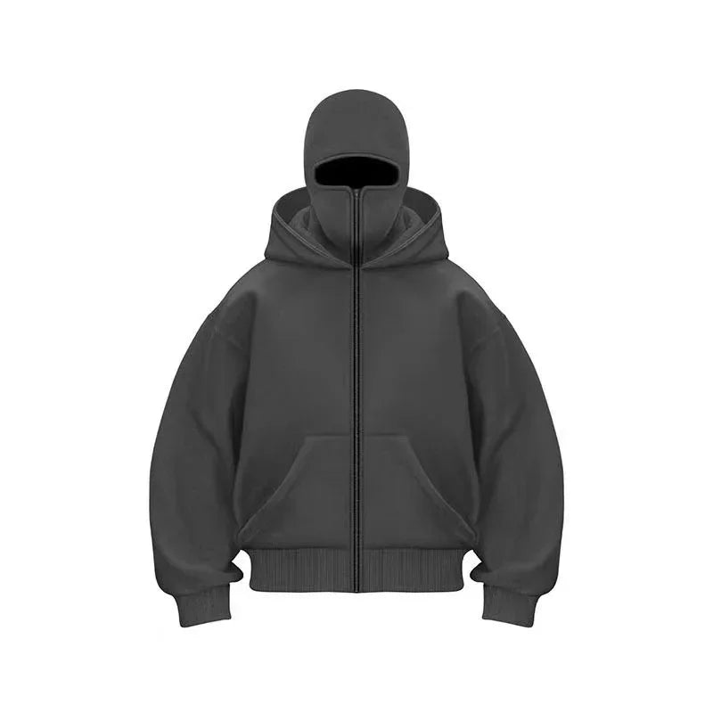 Unisex Hoodie Coat Warm Loose Balaclava Jacket Outdoor Sports Casual Jacket with Face Mask Street Wear