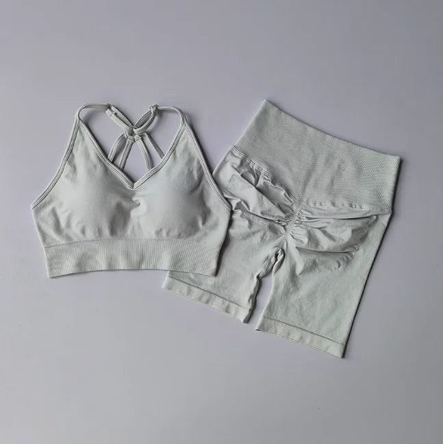 Workout Sets for Women, V Back Sports Bra with High Waist Shorts, Moisture Wicking Yoga Outfit for Training