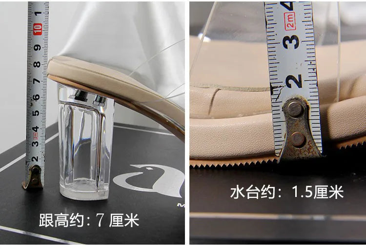 Women's High Heels, 2024 Summer New Waterproof Table with A Line Not Tired Feet Thick Crystal Slippers, Women's Shoes