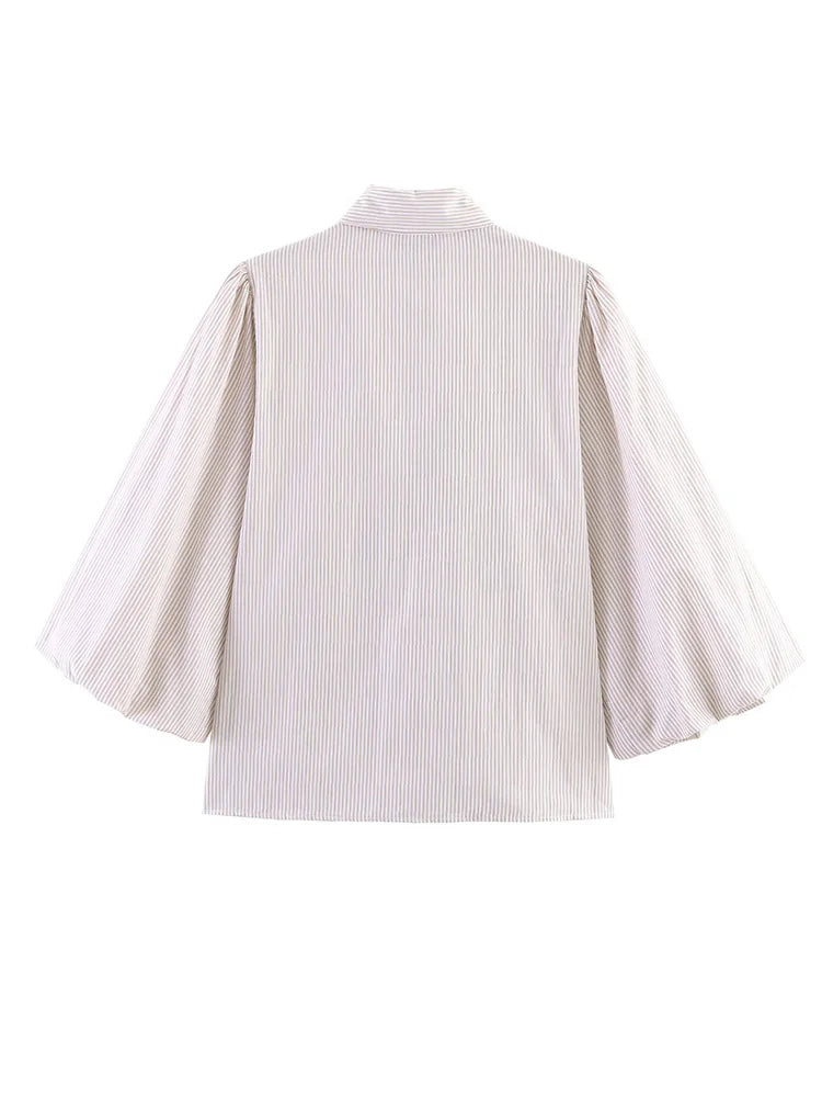 HH Women Elegant Striped Casual Spring Shirt Puff Sleeves Bow Decoration Blouse Female Loose Versatile Single-breasted Blouse