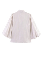 HH Women Elegant Striped Casual Spring Shirt Puff Sleeves Bow Decoration Blouse Female Loose Versatile Single-breasted Blouse