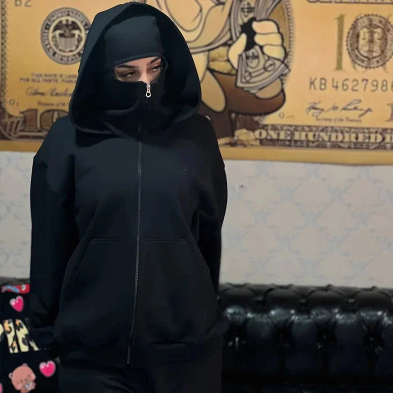 Unisex Hoodie Coat Warm Loose Balaclava Jacket Outdoor Sports Casual Jacket with Face Mask Street Wear
