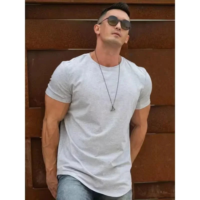 Muscle Training T-shirt Men's Summer Workout Short Sleeve T-shirt High Quality Cotton Fitness Men T-shirt Gym Solid Color Tops