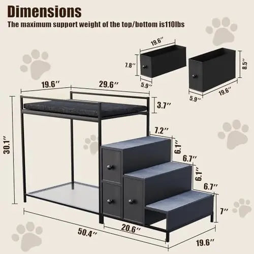 Pet Bunk Bed with Stairs and Storage, Dogs/Cats Window Perch, Bedside Lounge Elevated Dog Bed Multi-Level Platform with