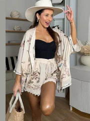 Casual Print Top Shorts Women Set Holidays V-neck Long Flare Sleeve Blouse Wide Leg Short Pants 2026 Summer Autumn Lady Outfit