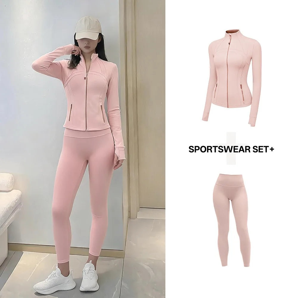 Women's Yoga Set Stand Collar Zip Jacket, Slim Fit Long Sleeve Sports Fitness Yoga Wear