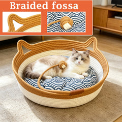 Pet Cat Bed Round Hand Woven Rattan Wear-resistant Cat Bed Summer Pet Bed Indoor Sleeping House Pet Products Accessories