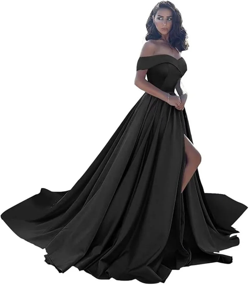 Simple Off Shoulder Satin Evening Gown