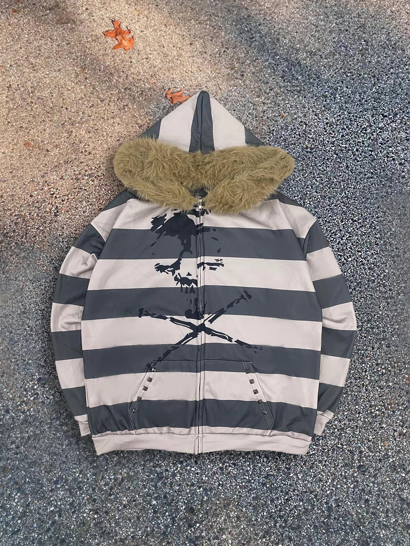 Hoodie with leather collar suitable both men and women striped printed long sleeved loose hooded sports hoodie punk Y2K daily