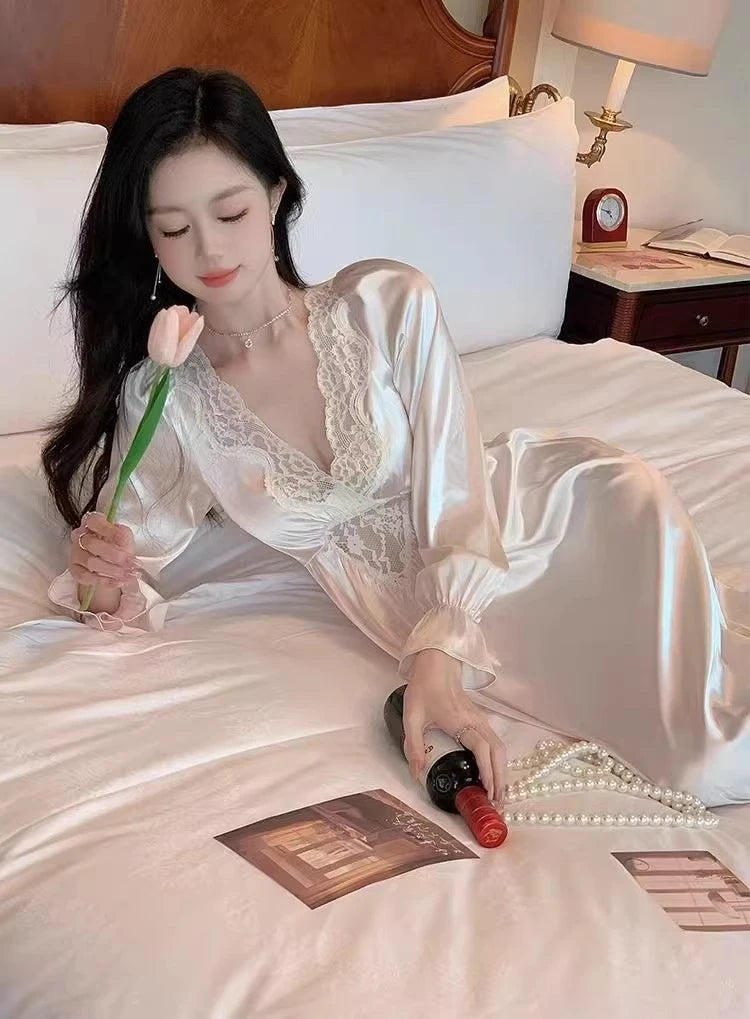 Female Long Nightdress Retro French Court Style Princess Nightgown Sleepwear Spring Summer Loose Rayon Home Clothes Lounge Wear