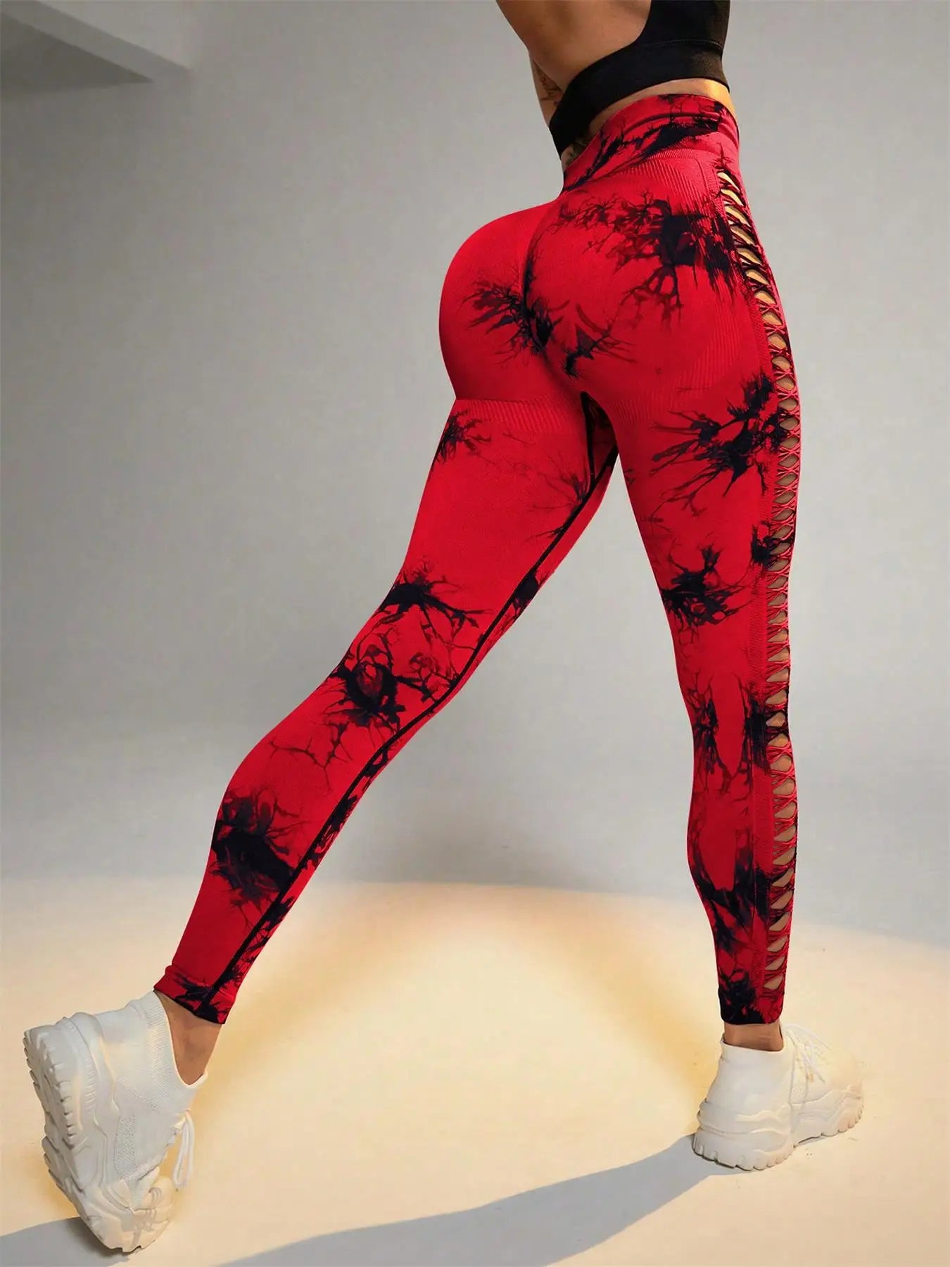 Women's Sporty Tie-Dyed Side-Cut Yoga Pants, Fashionable High-Waisted Hip-Lifting Sports Pants, Seamless Stretch Tight Pants