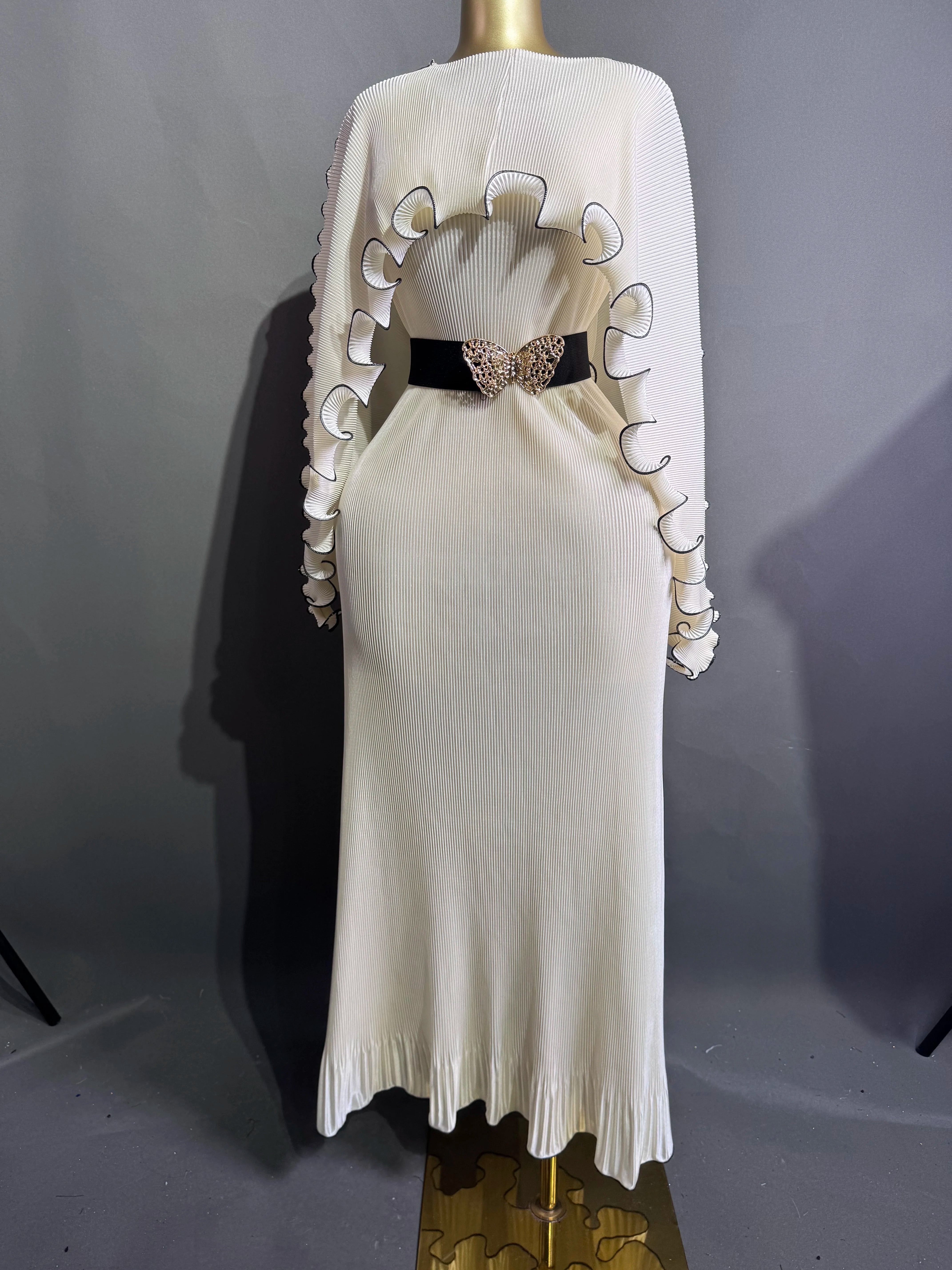 Elegant Pleated Long Dress with Butterfly Belt Women Cape Sleeve Wave Edge Ruffle Evening Party Dress