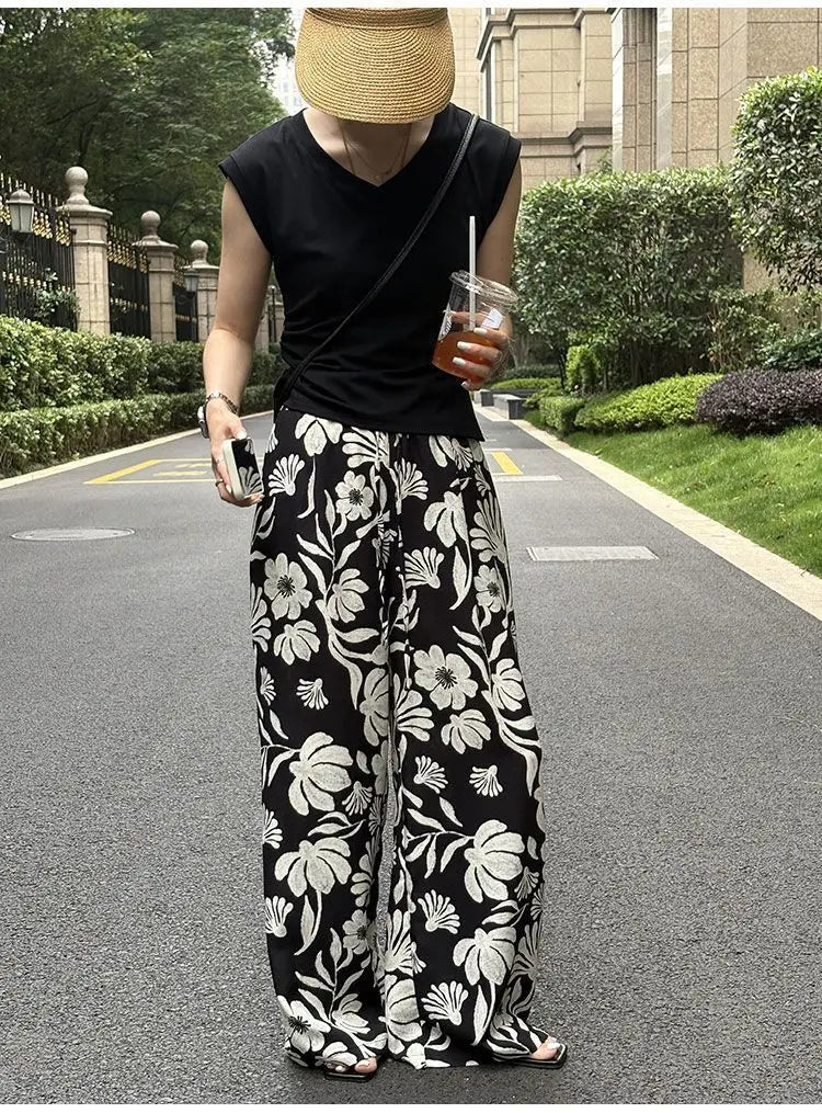 Wide-leg Pants for Women Summer Thin Printed New Style Drawstring Elastic Loose Straight Casual