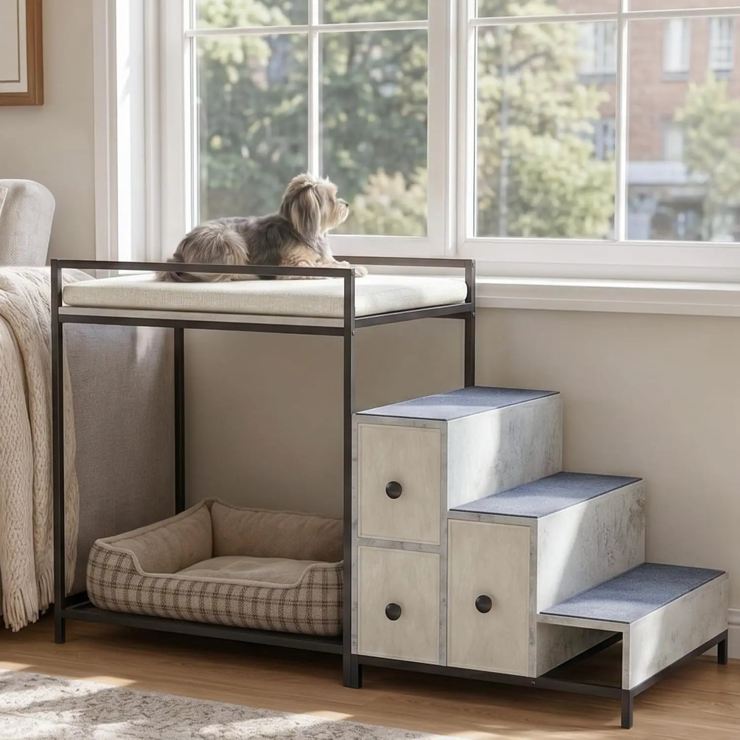 Pet Bunk Bed with Stairs and Storage, Dogs/Cats Window Perch, Bedside Lounge Elevated Dog Bed Multi-Level Platform with