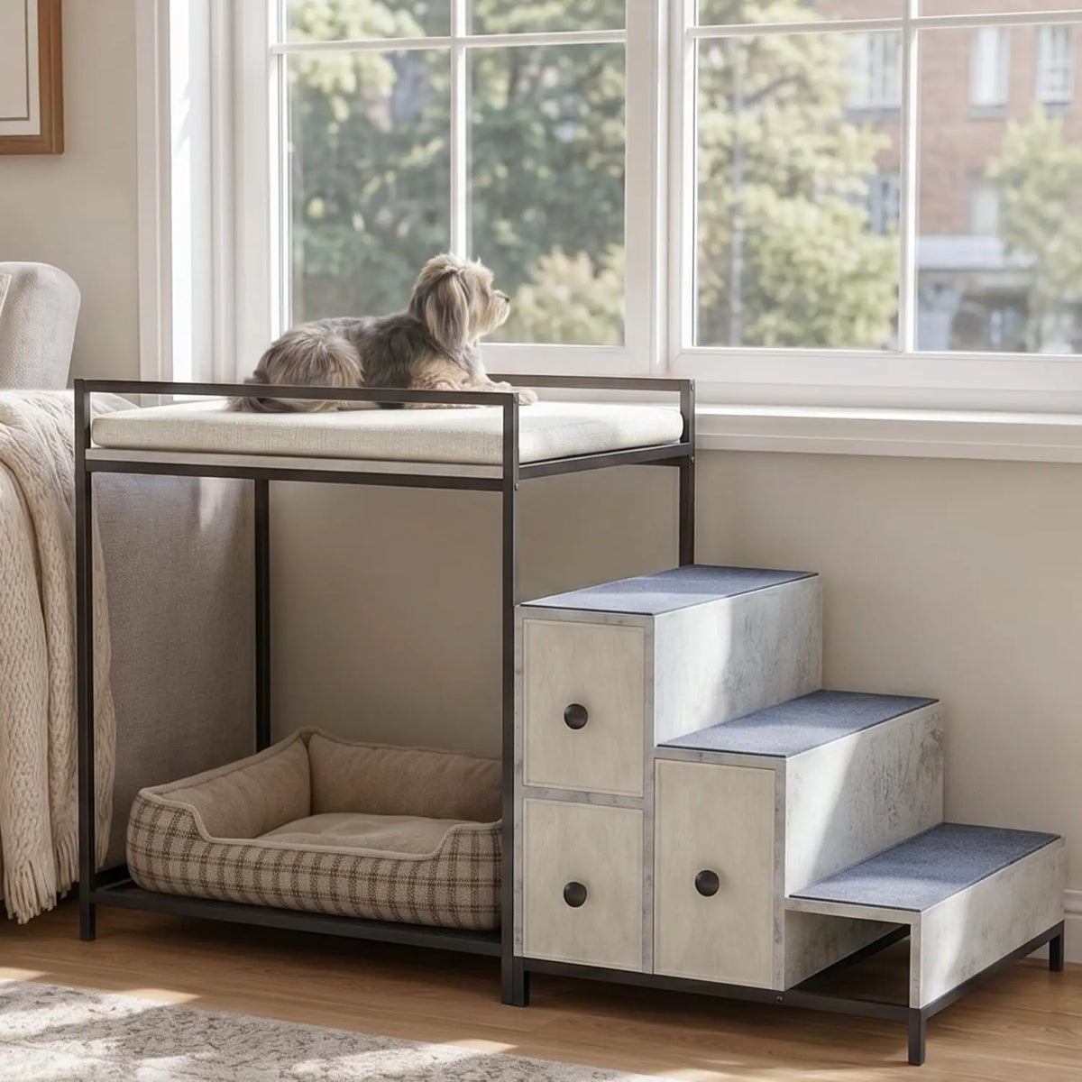 Pet Bunk Bed with Stairs and Storage, Dogs/Cats Window Perch, Bedside Lounge Elevated Dog Bed Multi-Level Platform with