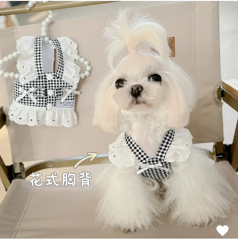 Pet Dog Clothes Lace Skirt Pastoral Style Black Plaid  Harness Puppy Dresses Universal Harness Tractionable Retro Princess Dress