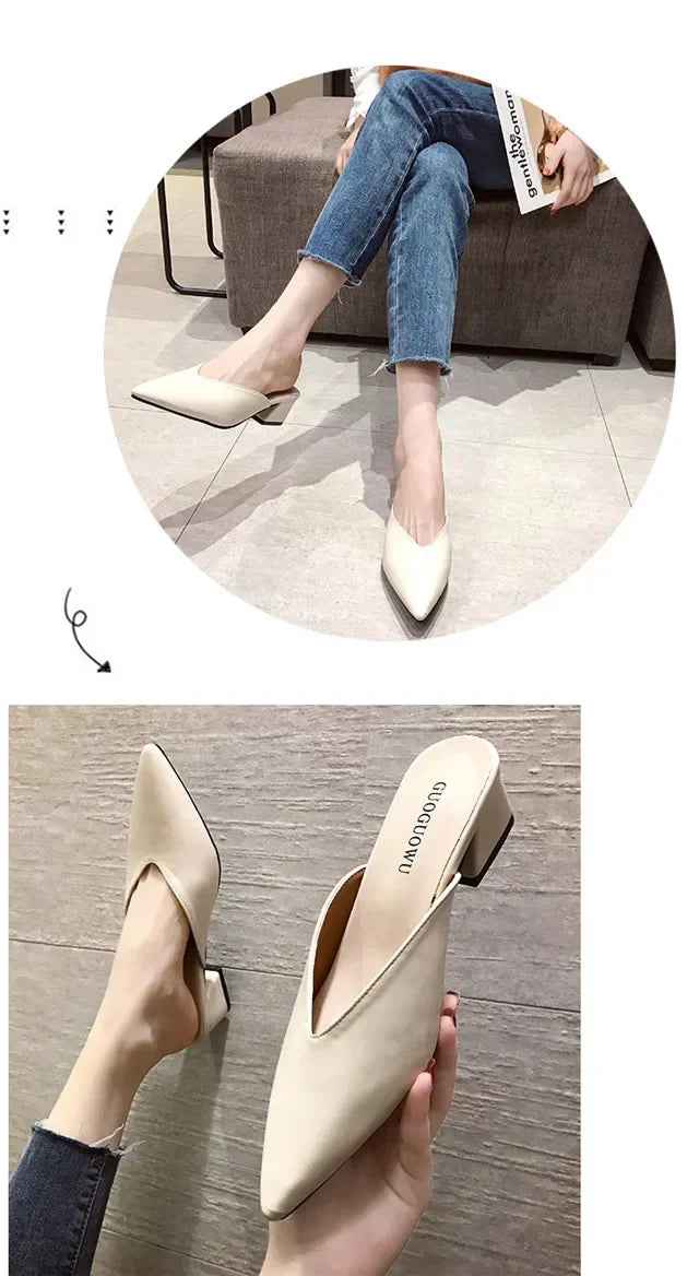 Women High Heels Slippers  Baotou Women Shoes Sexy Pointed Toe Chunky Heels Mules Outdoor Walking Slides Chaussure Femme 2024