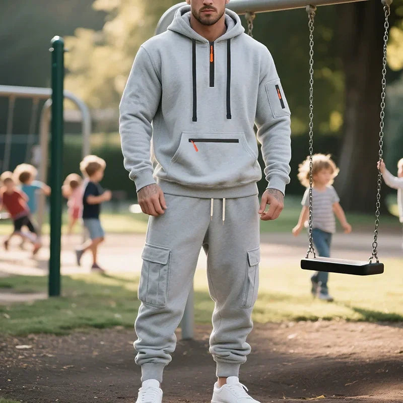 Men's Heavyweight Fleece-Lined Casual Tracksuit Set for Winter - Loose-Fit, Half-Zip, 2-Piece Workwear Style