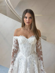 Elegant Wedding Dresses Off Shoulder Long Sleeves Lace Bride Dress for Women Sweep Train A Line White Bridal Gowns Customized