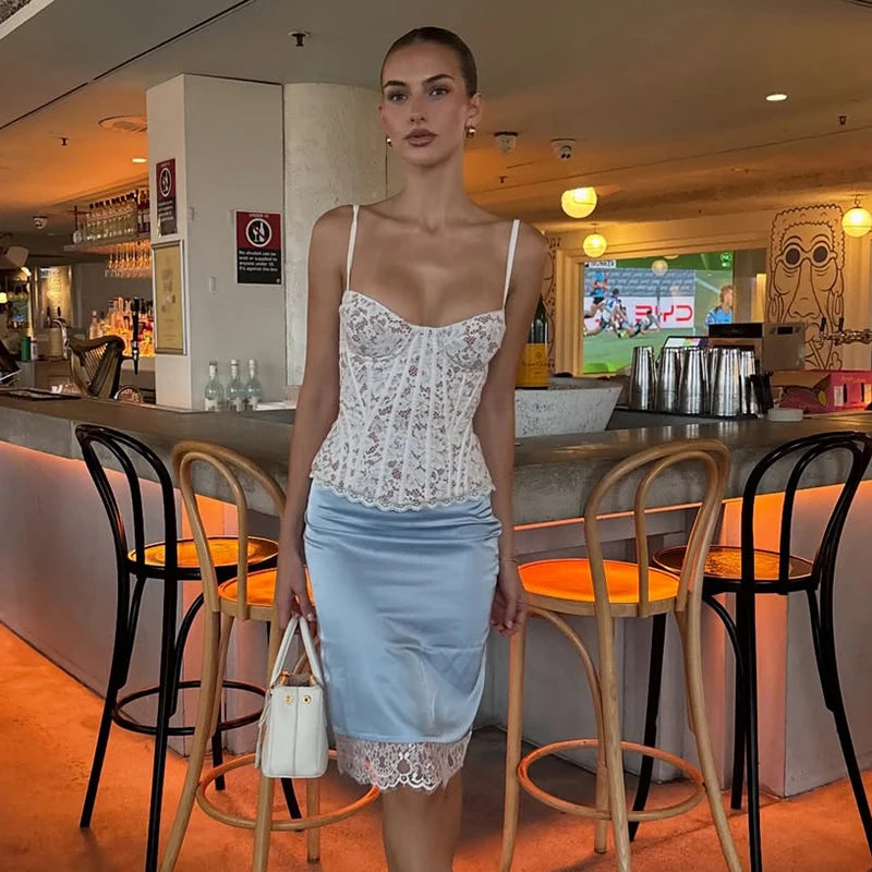 2 Piece Skirts Set Lace Corset Top and Satin Midi Skirt Women Sexy Bustier Backless Crop Top Bodycon Slip Skirts Matching Outfi