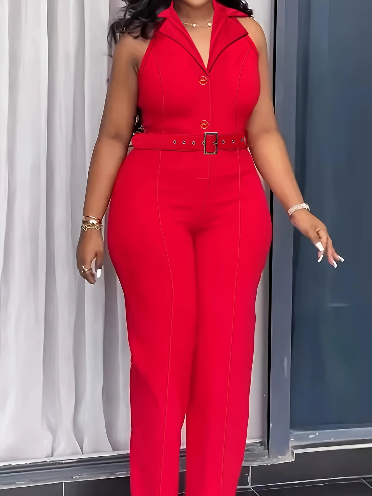 Women Sleeveless Lapel Jumpsuit