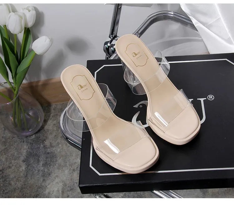 Women's High Heels, 2024 Summer New Waterproof Table with A Line Not Tired Feet Thick Crystal Slippers, Women's Shoes