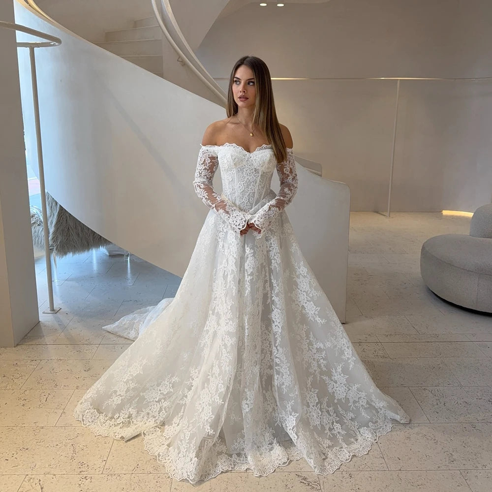 Elegant Wedding Dresses Off Shoulder Long Sleeves Lace Bride Dress for Women Sweep Train A Line White Bridal Gowns Customized